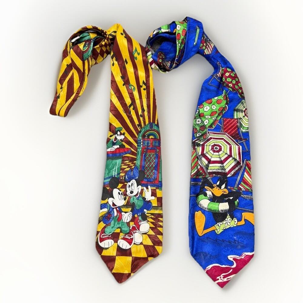 Vintage Disney Mickey & Looney Tunes Daffy Duck Silk Ties Lot of 2 90s